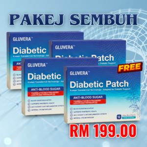 PAKEJ KONSISTEN ( 4 KOTAK GLUVERA DIABETIC PATCH + FREE 1 GLUCOSES TEST + FREE 2 KOTAK GLUVERA + FREE 1 BAG GLUVERA TEA)