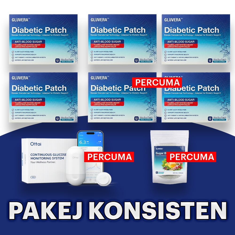 PAKEJ KONSISTEN ( 4 KOTAK GLUVERA DIABETIC PATCH + FREE 1 GLUCOSE TEST + FREE 2 KOTAK GLUVERA + FREE 1 BAG GLUVERA TEA)